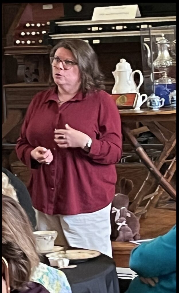 Tiffany Fisk, food historian present the Secrets of the Chocolate Maker. Tiffany herself has made chocolate from cacao pods, an arduous process taking up to 6 hours by hand, dating back at least 5,300 years to the Olmec civilization. The attendees were captivated by her in depth presentation.
